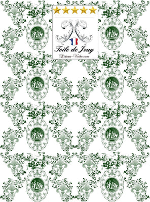 Toile de Jouy tissu au mètre style Empire Baroque motif imprimé Anges Fleur de Lys vert ignifuge occultant