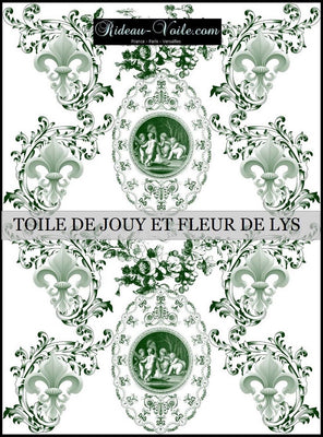 Toile de Jouy tissu au mètre style Empire Baroque motif imprimé Anges Fleur de Lys vert ignifuge occultant 