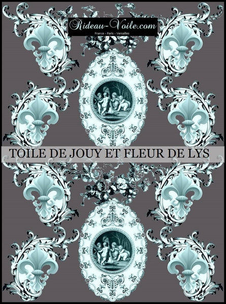 Toile de Jouy tissu ameublement gris cendré style Empire Anges Fleur de Lys vert turquoise. Tissu Empire Renaissance Chérubins ameublement tapisserie Angelots Toile de Jouy mètre motif Fleurs de Lys rideau Ignifugé occultant. Country french fabric canvas upholstery curtain. Arte fresca Stoffe Klassizismus Tapestry klädsel Restaurering gardintyg.Tecido tapeçaria cortina. Gordijnen, Gordijnstof, Gordijnstoffen.