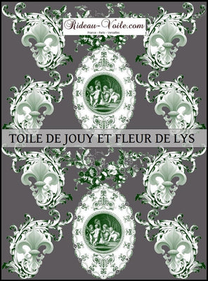 Toile de Jouy vert tissu gris au mètre motif Anges fleur de lys