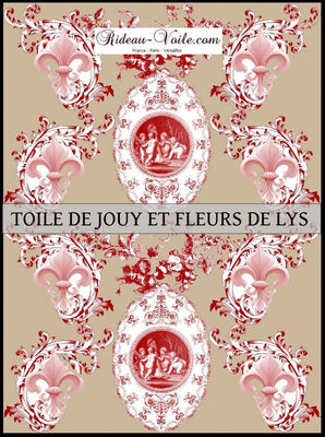 Toile de Jouy tissu beige rouge au mètre motif Anges fleur de lys