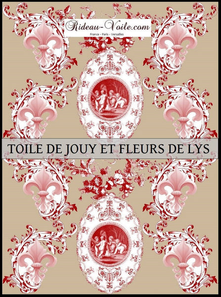 Toile de Jouy tissu beige rouge au mètre motif Anges fleur de lys