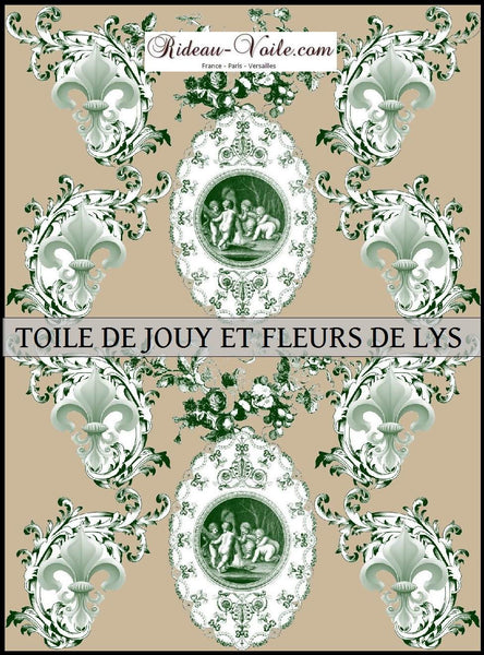Toile de Jouy tissu beige au mètre motif Anges fleur de lys vert