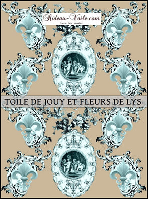 Toile de Jouy tissu beige au mètre motif Anges fleur de lys turquoise