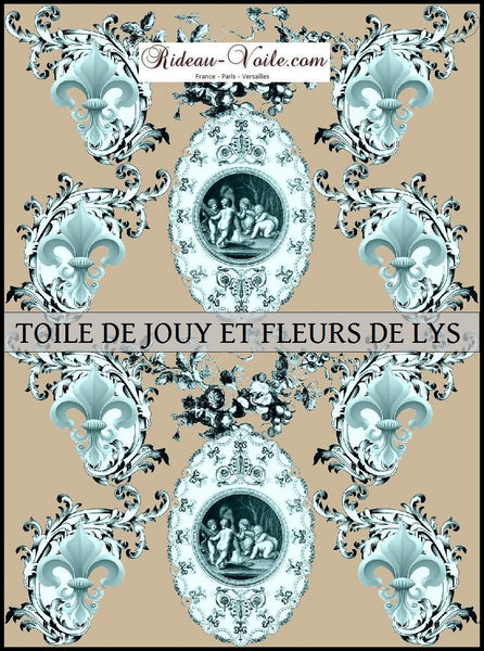 Toile de Jouy tissu beige au mètre motif Anges fleur de lys turquoise