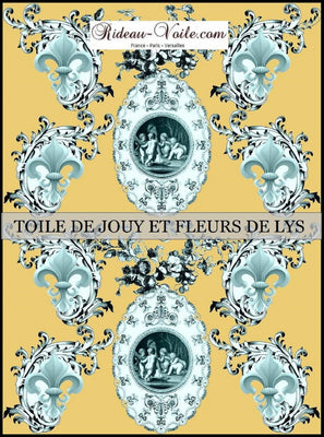 Toile de Jouy tissu jaune au mètre motif Anges fleur de lys turquoise