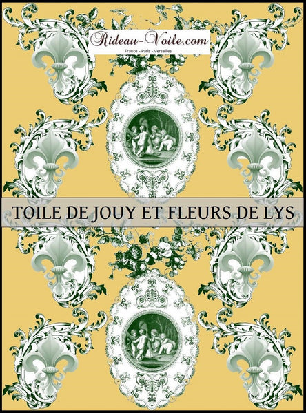 Toile de Jouy tissu jaune au mètre motif Anges fleur de lys vert