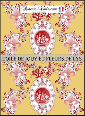 Toile de Jouy tissu jaune au mètre motif Anges fleur de lys rouge