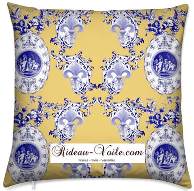 Toile de Jouy tissu jaune au mètre motif Anges fleur de lys bleu housse coussin