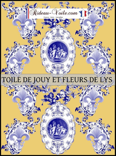 Toile de Jouy tissu jaune au mètre motif Anges fleur de lys bleu