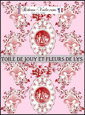 Toile de Jouy tissu rose au mètre motif Anges fleur de lys rouge