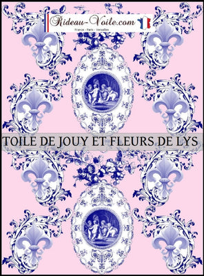 Toile de Jouy tissu rose ameublement style Empire Anges Fleur de Lys bleu
