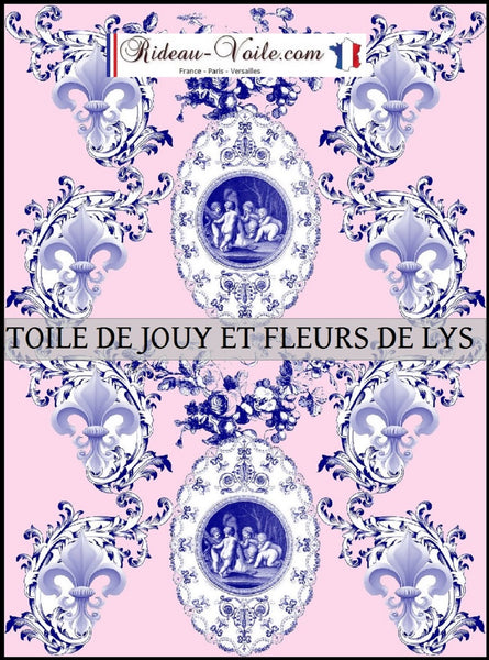 Toile de Jouy tissu rose ameublement style Empire Anges Fleur de Lys bleu