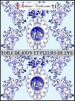 Toile de Jouy tissu bleu ameublement style Empire Anges Fleur de Lys bleu