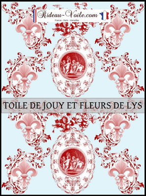 Toile de Jouy tissu bleu ameublement style Empire Anges Fleur de Lys rouge