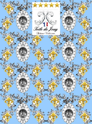 Toile de Jouy bleu tissu au mètre style Empire Anges Fleur de Lys Or ignifuge occultant M1 imprimé drap plaid couverture luxe