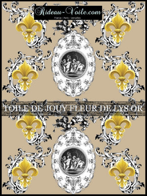 Toile de Jouy beige camel tissu au mètre style Empire Anges Fleur de Lys Or ignifuge occultant 