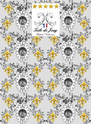 Patrimoine musée Toile de Jouy gris tissu au mètre motif Empire Fleur de Lys Or