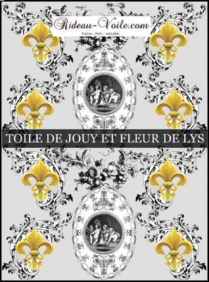 Toile de Jouy gris tissu au mètre motif Anges Empire Fleur de Lys Or ignifuge m1 occultant 