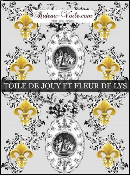 Toile de Jouy gris tissu au mètre motif Anges Empire Fleur de Lys Or ignifuge m1 occultant 