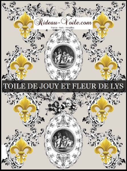 Toile de Jouy gris taupe tissu au mètre motif Anges et Fleur de Lys Or