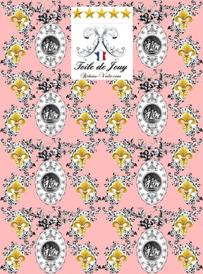 Toile de Jouy rose tissu au mètre motif Anges Empire Fleur de Lys Or ignifuge occultant boutique drap de laine plaid