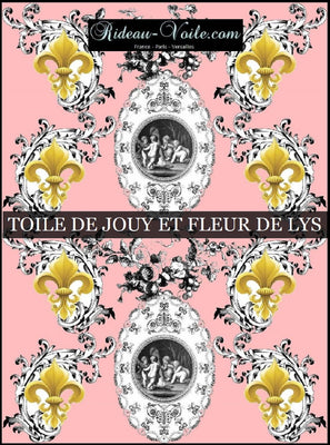 Toile de Jouy rose tissu au mètre motif Anges Empire Fleur de Lys Or ignifuge occultant boutique 