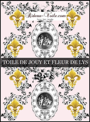 Rideau Toile de Jouy rose tissu tapisserie mètre motif Anges Fleur de Lys voilage