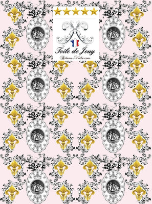 Rideau Toile de Jouy rose tissu tapisserie mètre motif Anges Fleur de Lys voilage