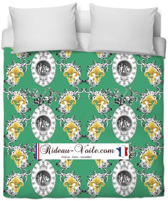 Toile de Jouy vert tissu au mètre style Empire motif imprimé Anges Fleur de Lys Or ignifuge occultant housse couette