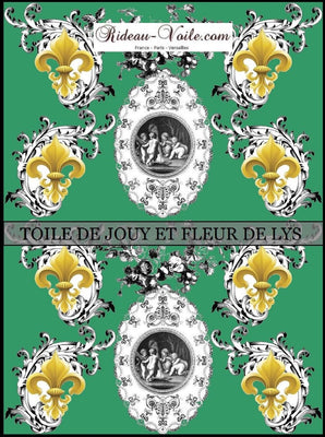 Toile de Jouy vert tissu au mètre style Empire motif imprimé Anges Fleur de Lys Or