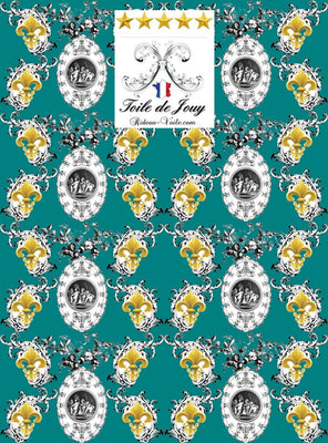Toile de Jouy vert tissu au mètre style Empire motif imprimé Anges Fleur de Lys Or ignifuge occultant motif imprimé drap couverture  plaid