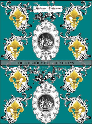 Toile de Jouy vert tissu au mètre style Empire motif imprimé Anges Fleur de Lys Or
