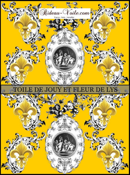 Toile de Jouy jaune tissu au mètre style Empire Anges Fleur de Lys Or ignifuge occultant motif imprimé