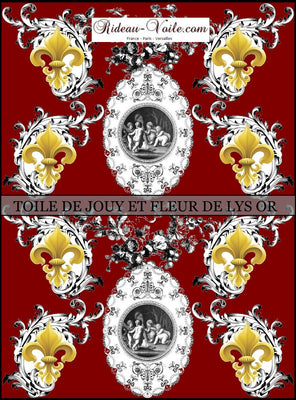 Toile de Jouy rouge tissu au mètre style Empire motif imprimés ignifugé occultant Anges Fleur de Lys Or