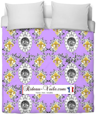 Toile de Jouy violet tissu au mètre style Empire motif imprimés ignifugé occultant Anges Fleur de Lys Or couette