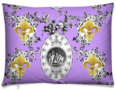 Toile de Jouy violet tissu au mètre style Empire motif imprimés ignifugé occultant Anges Fleur de Lys Or coussin