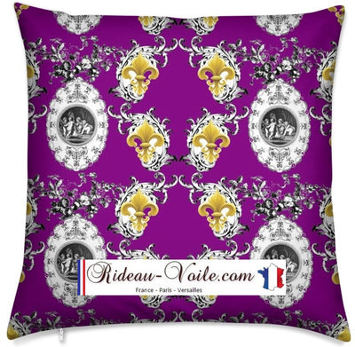 Toile de Jouy violet tissu au mètre style Empire motif imprimés ignifugé occultant Anges Fleur de Lys Or coussin
