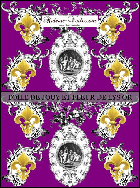 Toile de Jouy violet tissu au mètre style Empire motif imprimés ignifugé occultant Anges Fleur de Lys Or