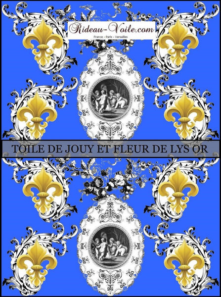 Toile de Jouy violet tissu au mètre style Empire motif imprimés ignifugé occultant Anges Fleur de Lys Or