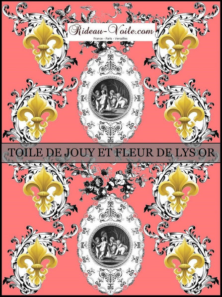 Toile de Jouy rose corail tissu au mètre style Empire motif imprimés ignifugé occultant Anges Fleur de Lys Or