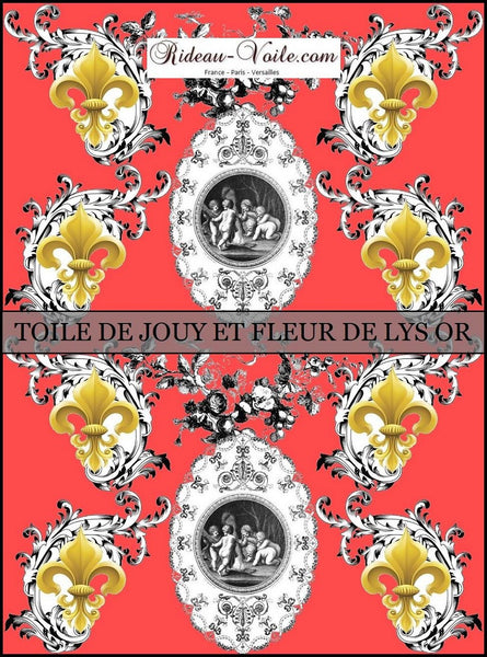 Toile de Jouy orange tissu au mètre style Empire motif imprimés ignifugé occultant Anges Fleur de Lys Or