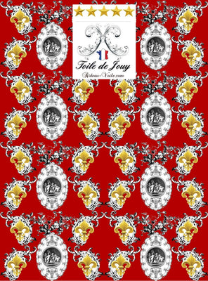 Toile de Jouy rose corail tissu au mètre style Empire motif imprimés ignifugé occultant Anges Fleur de Lys Or drap plaid couverture