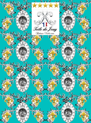 Toile de Jouy vert bleu tissu au mètre style Empire Baroque motif imprimé Anges Fleur de Lys Or