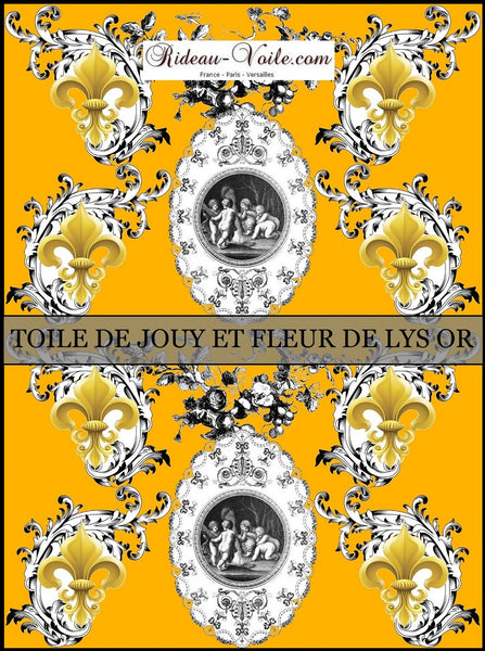 Toile de Jouy jaune tissu au mètre style Empire Anges Fleur de Lys Or