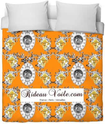 Toile de Jouy orange tissu au mètre style Empire Baroque motif imprimé Anges Fleur de Lys Or couette