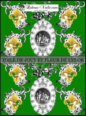 Toile de Jouy vert tissu au mètre style Empire Anges Fleur de Lys Or