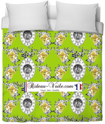 Toile de Jouy vert tissu au mètre style Empire Baroque motif imprimé Anges Fleur de Lys Or couette