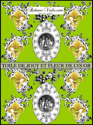 oile de Jouy vert tissu au mètre motif Anges et Fleur de Lys Or