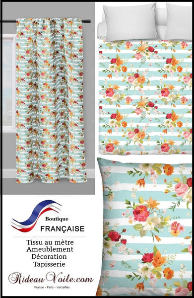 Tissu au mètre rayé fleuri motif fleur imprimé floral rideau couette coussin